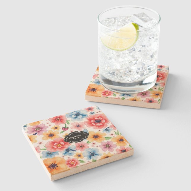 Watercolor summer flowers pattern monogrammed stone coaster (Side)