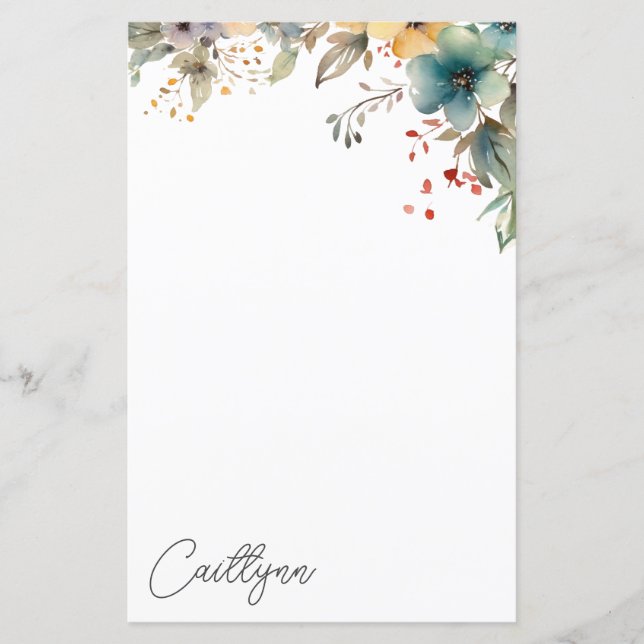 Watercolor Summer Flowers Personalised Stationery (Front)