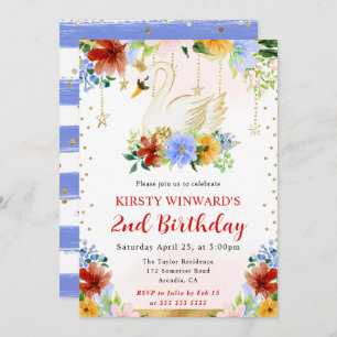Watercolor Summer Flowers Swan Birthday Invitation