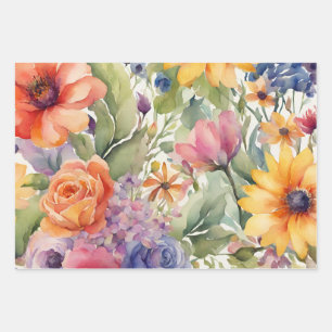Watercolor Summer Flowers Wrapping Paper Sheet