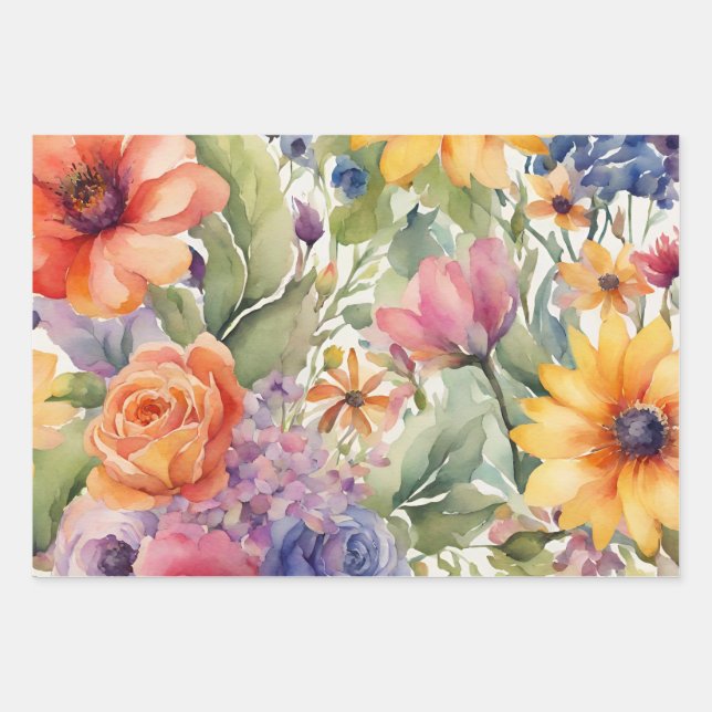 Watercolor Summer Flowers  Wrapping Paper Sheet (Front)