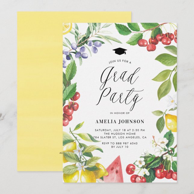 Watercolor Summer Fruits Floral Graduation Party Invitation (Front/Back)