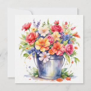 Watercolor Summer Garden Flowers in a Bucket  Card