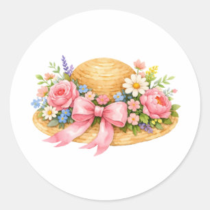 Watercolor Summer Hat with Flowers and Ribbon Classic Round Sticker