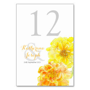 Watercolor summer marigolds wedding table number