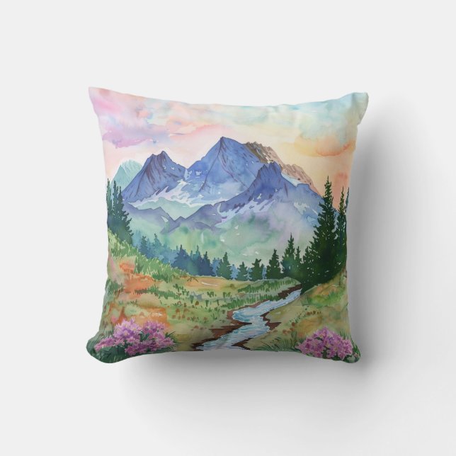 Watercolor Summer Mountain Cushion (Front)