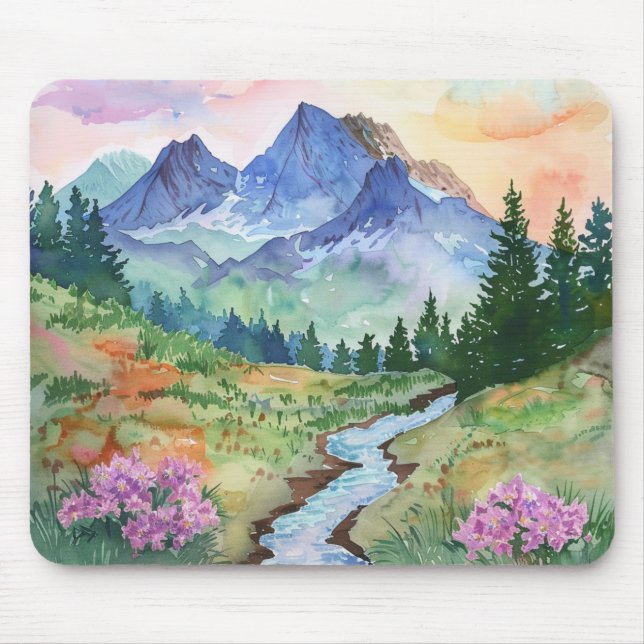 Watercolor Summer Mountain Mouse Mat (Front)
