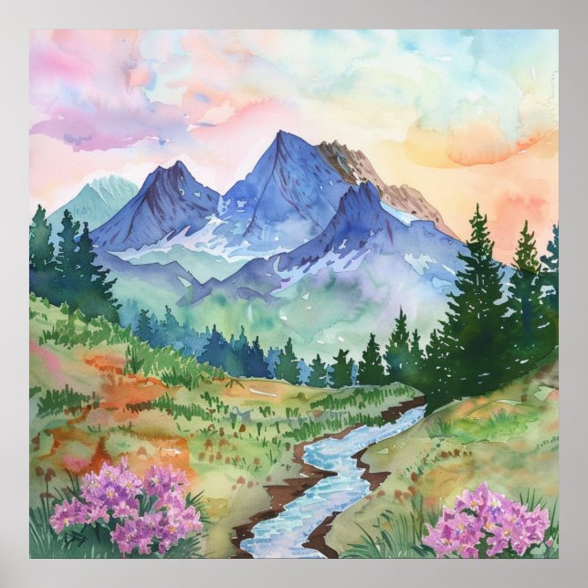 Watercolor Summer Mountain Poster (Front)