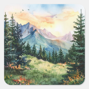 Watercolor Summer Mountain Square Sticker