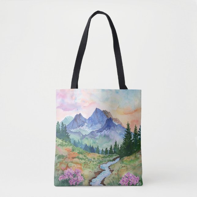Watercolor Summer Mountain Tote Bag (Front)