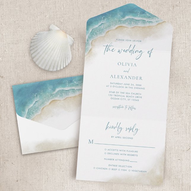 Watercolor Summer Ocean Beach Wedding All In One Invitation (Creator Uploaded)