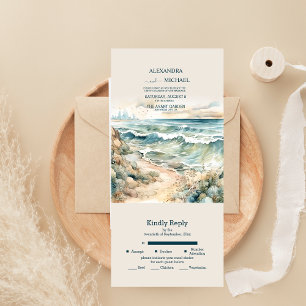 Watercolor Summer Ocean Beach Wedding All In One Invitation