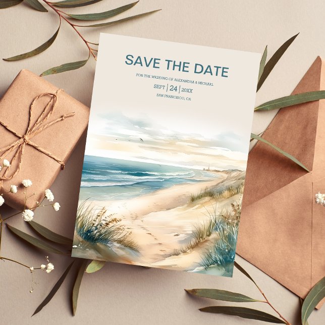 Watercolor Summer Ocean Beach Wedding Save The Date (Creator Uploaded)