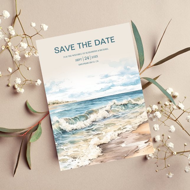 Watercolor Summer Ocean Beach Wedding Save The Date (Creator Uploaded)