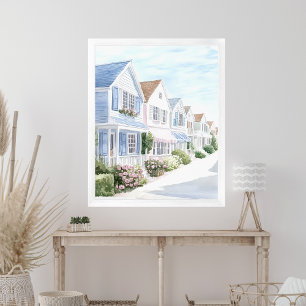 Watercolor Summer Pastel Coastal Cottages Poster