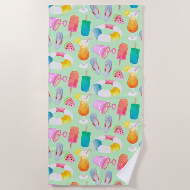 Watercolor Summer Patterned Beach Towel (Front)