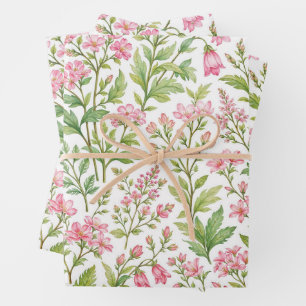 Watercolor Summer Pink Flowers with Green Leaves Wrapping Paper Sheet