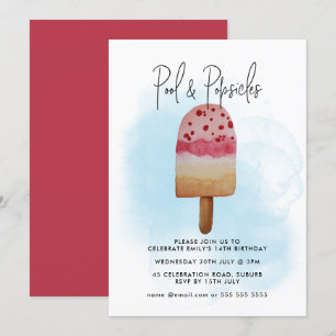 Watercolor Summer Pool & Popsicle Party Birthday Invitation