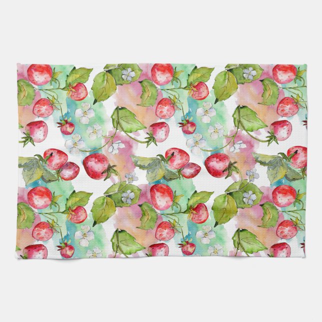 Watercolor Summer Strawberry Pattern Tea Towel (Horizontal)