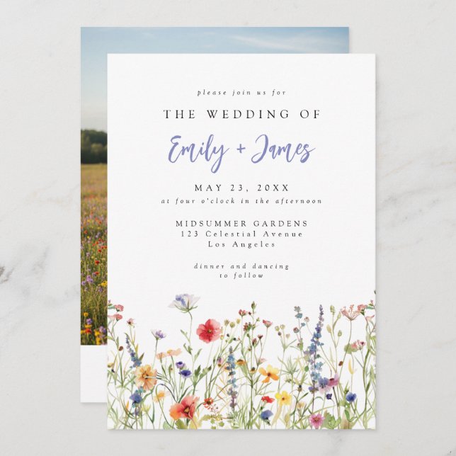 Watercolor Summer Wildflower Photo Wedding Invitation (Front/Back)