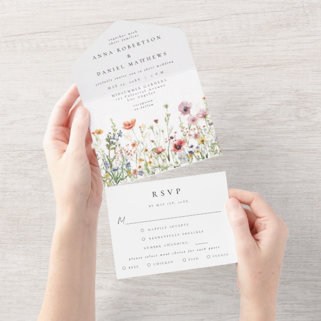 Watercolor Summer Wildflower Wedding All In One Invitation (Tearaway)