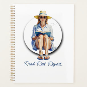 Watercolor Summer Woman with Sun Hat and Book Planner
