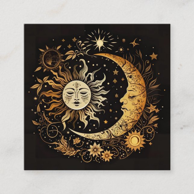 Watercolor Sun and Moon Celestial Square Business Card (Front)