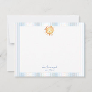 Watercolor Sun Baby Boy blue and white border Thank You Card