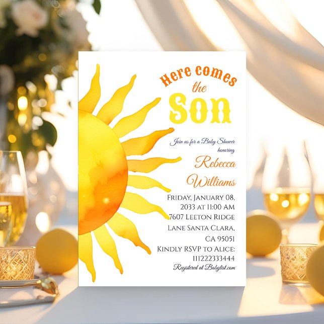 Watercolor Sun Here Comes Son Sunshine Baby Shower Invitation (Creator Uploaded)