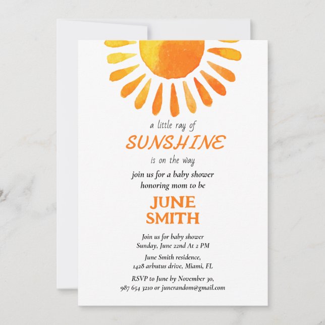Watercolor sun rays baby shower  invitation (Front)