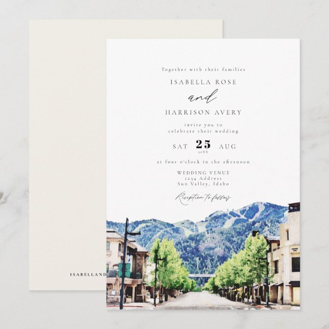 Watercolor Sun Valley Idaho Skyline Town Wedding Invitation (Front/Back)