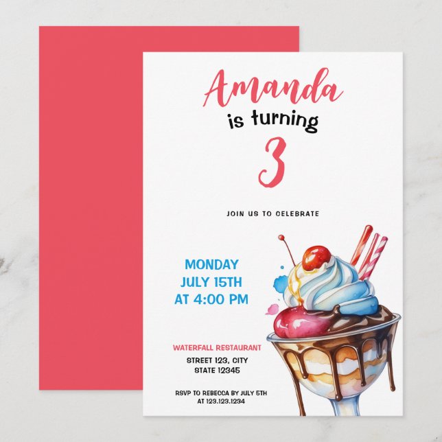 Watercolor Sundae Ice Cream Birthday Invitation (Front/Back)