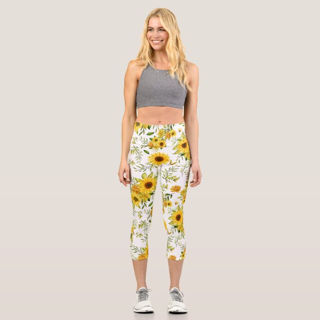 Watercolor Sunflower 8 Capri Leggings (Front)