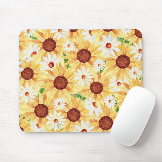 Watercolor Sunflower and Daisy  Mouse Mat (With Mouse)