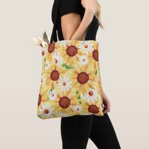 Watercolor Sunflower and Daisy Pattern  Tote Bag