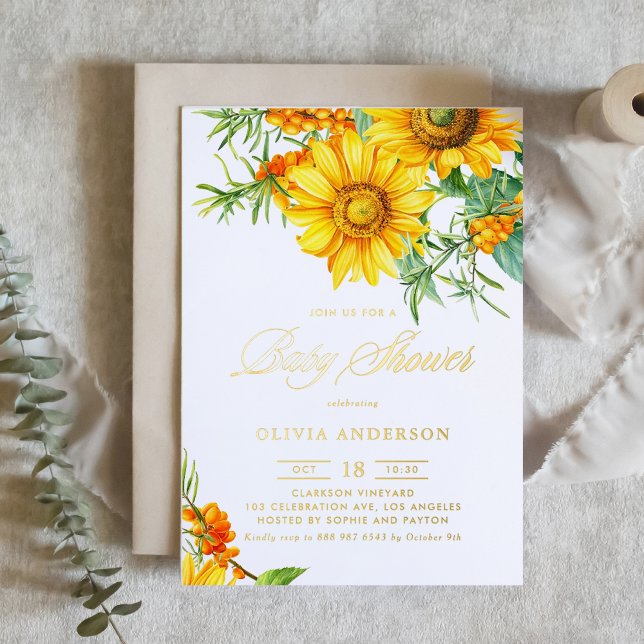 Watercolor Sunflower and Sea Buckthorn Baby Shower (Botanical baby shower gold foil invitation featuring illustrations of sunflower and sea buckthorn.)