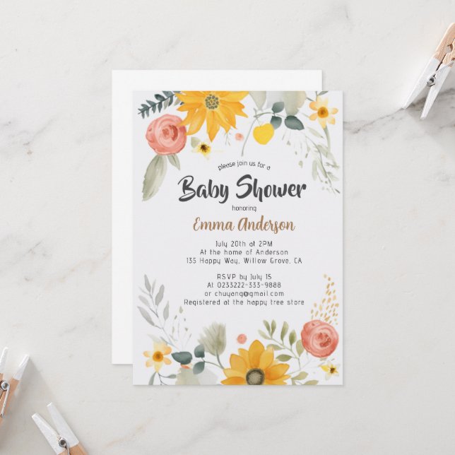 Watercolor Sunflower Baby Shower Invitation (Front/Back In Situ)