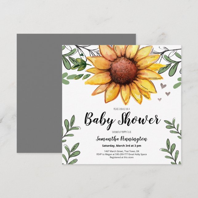 Watercolor Sunflower Baby Shower Party Invitation (Front/Back)
