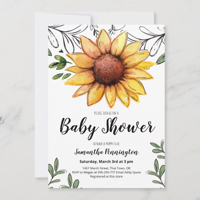 Watercolor Sunflower Baby Shower Party Invitation (Front)