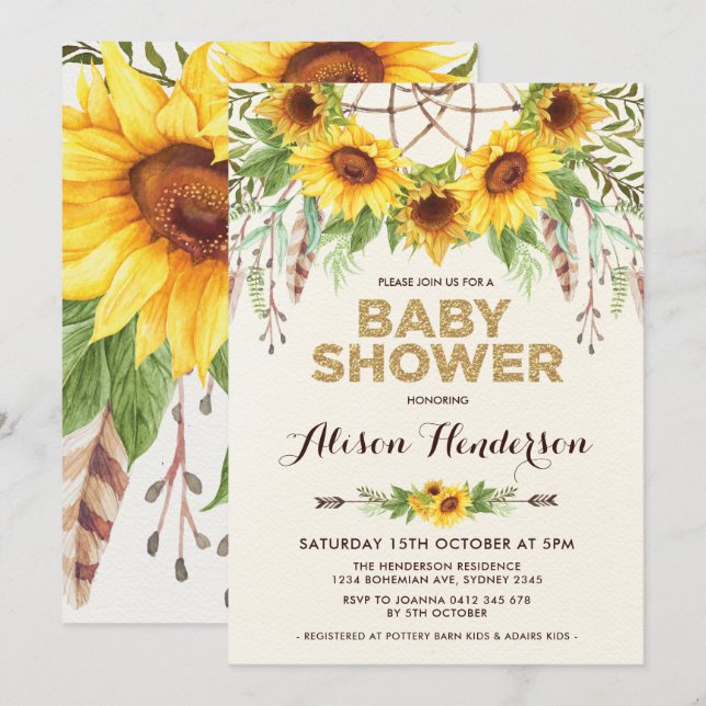 Watercolor Sunflower Baby Shower Rustic Bohemian Invitation (Front/Back)