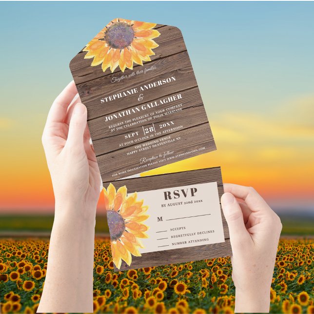 Watercolor Sunflower Barn Wood All In One Invitation (Creator Uploaded)