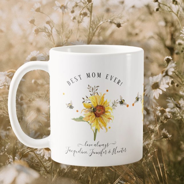 Watercolor Sunflower Bees Best Mum Ever Script Coffee Mug (Creator Uploaded)