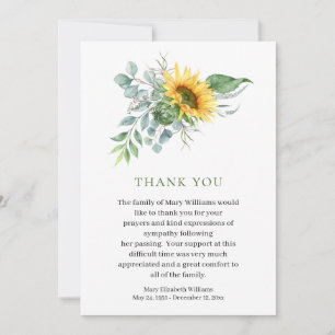 Watercolor Sunflower Bereavement Funeral Thank You Card