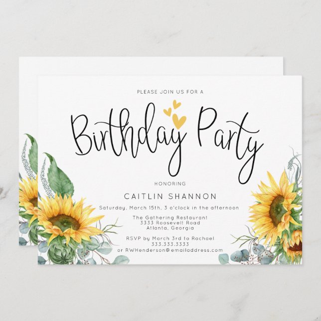 Watercolor Sunflower Birthday Party Invitation (Front/Back)