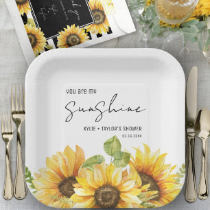 Watercolor Sunflower Black & White Wedding Shower Paper Plate