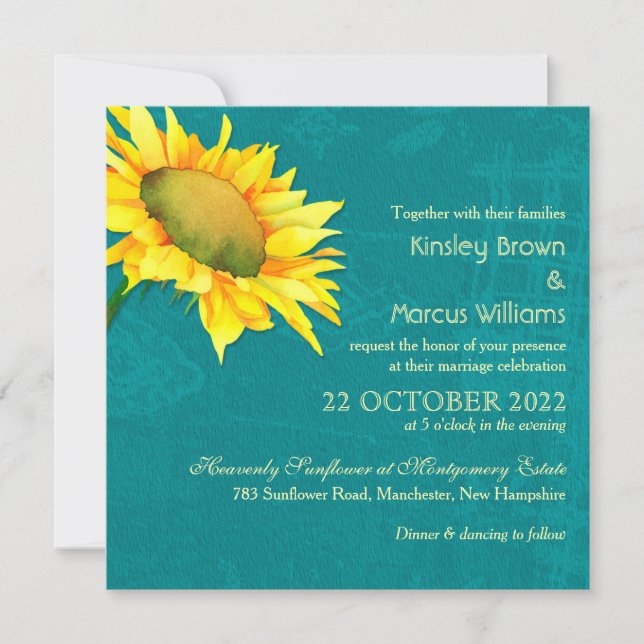 Watercolor Sunflower Blue Jade Wedding Invitation (Front)