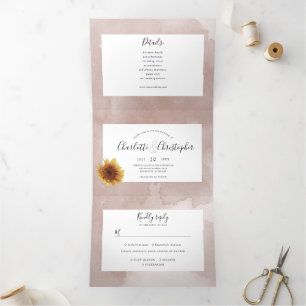 Watercolor sunflower blush pink all in one wedding Tri-Fold invitation