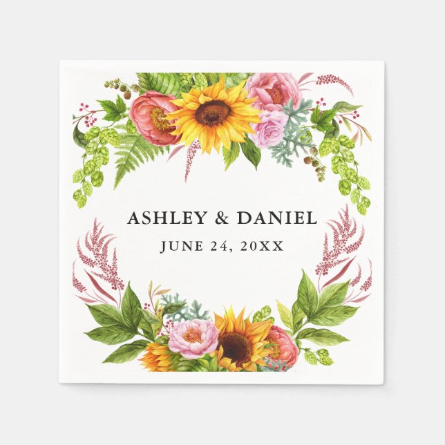 Watercolor Sunflower Boho Floral Wedding Napkin (Front)