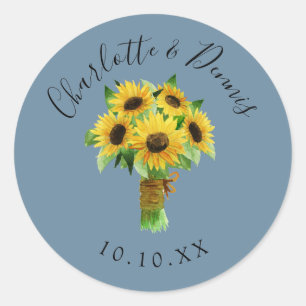Watercolor sunflower bouquet and blue wedding classic round sticker