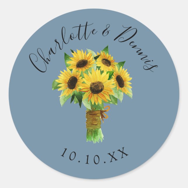 Watercolor sunflower bouquet and blue wedding classic round sticker (Front)